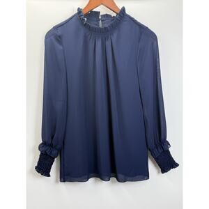 Meiling Fashion Navy Sheer Blouse Smocked Cuffs Romantic Cottagecore Top S